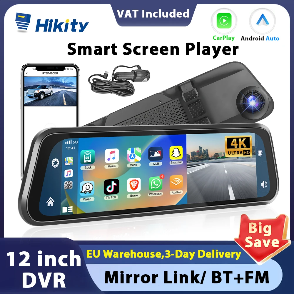 Hikity 12 Inch HD CarPlay Mirror Camera for Car Touch Screen Video Recorder 4K Rearview Mirror Dash Cam Front and Rear Camera