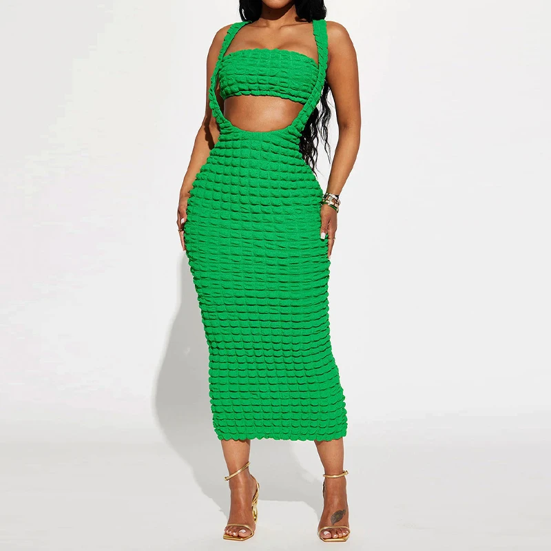 OMSJ 2024 Sexy Bubble Grid Fabric Skirt Set Chest Wrapping Tank Top+Strap Back Split Midi Skirt Women's Party Holiday Two-pieces