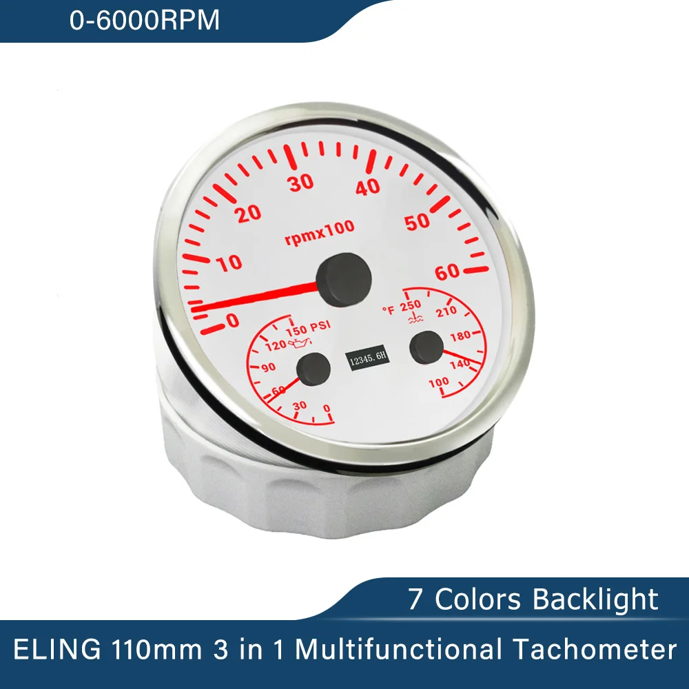 

ELING 110mm Car Boat Truck 3in1 Multifunctional 0-6000RPM 0-8000RPM Tachometer with Oil Pressure Water Temp 7 Colors Backlight