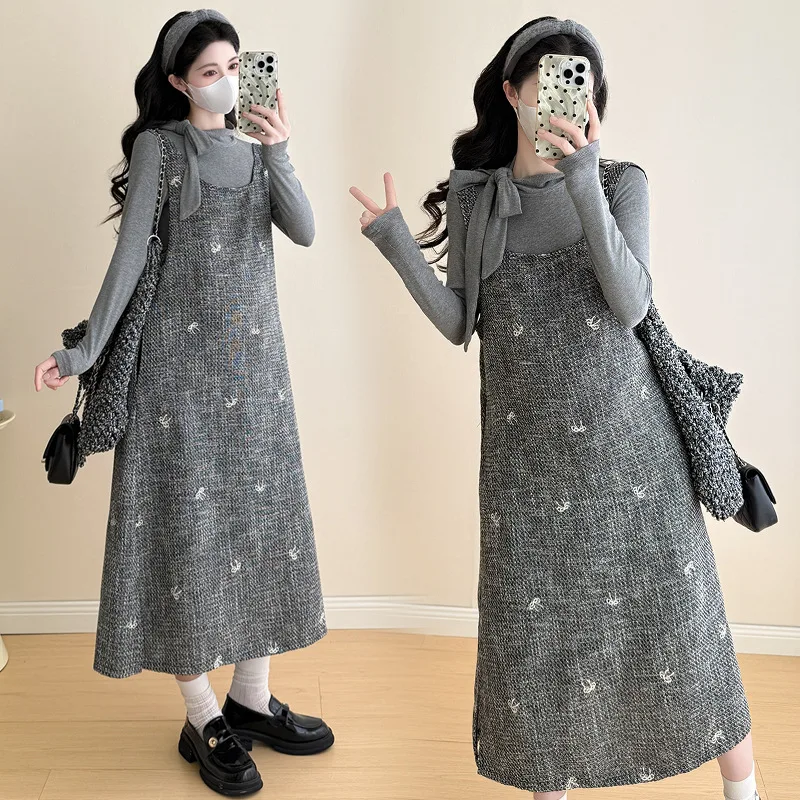 Maternity Suit Spring Autumn 2026 Gentle Elegant Temperament Spaghetti Strap Dress And Base Top Two Piece Set For Pregnant Women