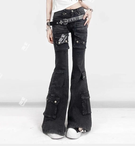 American Retro Girl Multi Pocket Vita bassa Y2k Slim Bootcut Jeans Moda Versatile per il tempo libero Nero Grigio Pantaloni in denim lavati
