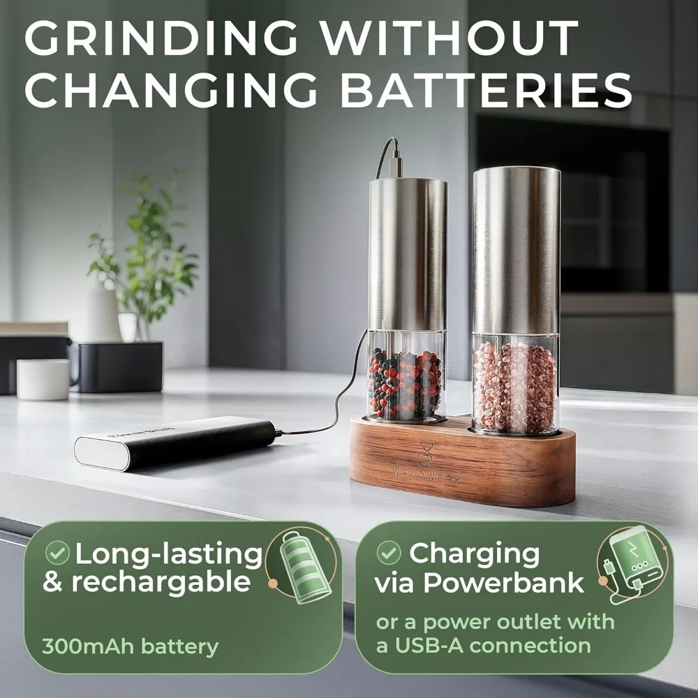 مجموعة مطحنة الملح والفلفل الكهربائية القابلة لإعادة الشحن مع حامل خشب السنط - بطارية 300 مللي أمبير في الساعة، شحن USB-C #6