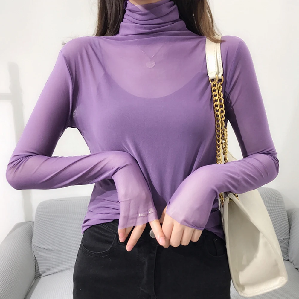 Kawaii Transparent Lace T Shirt Blouse For Women Fashion Mesh Fabric Women\'s Tops In Purple Orange Green Pink S-XL Size Shirt