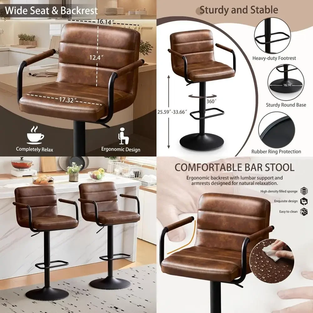 Set of 2 Adjustable PU Leather Swivel Bar Stools with Backrest & Armrests, Yellowish Brown, for Counter Height, Kitchen Island,