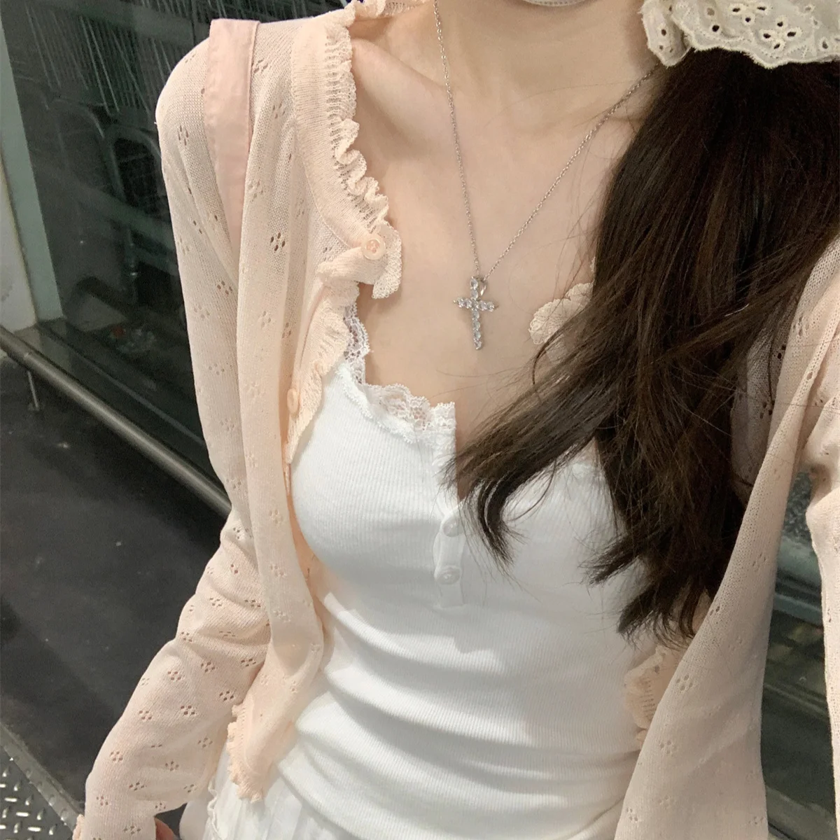Cardigan Tops Women Korean Popular Hollow Out Thin Sun Protection Knitted Crop Sweaters Summer Chic All-match Loose Long Sleeve