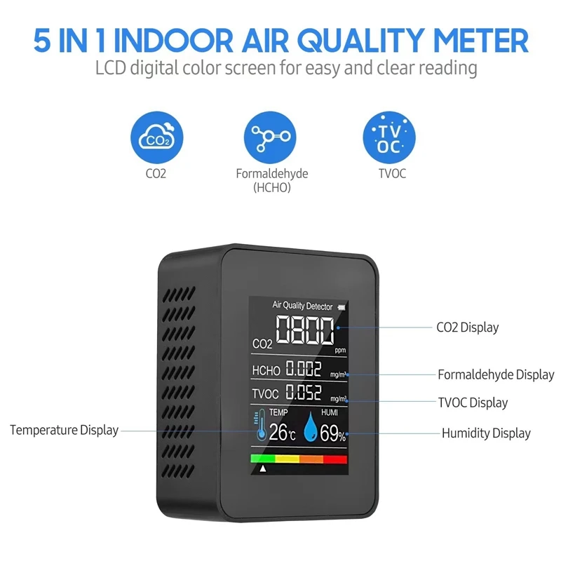 Smart Air Quality Monitor CO2 Meter Digital LCD Display Temperature Humidity Carbon Dioxide TVOC HCHO Detector NDIR Sensor Alarm