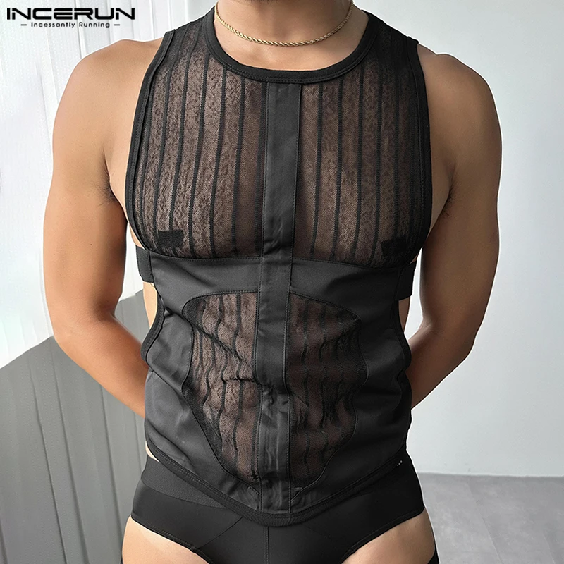 Fashion Sexy Tops INCERUN 2025 Men See-through Mesh Splicing Striped Vests Leisure Clubwear Male Thin Sleeveless Tank Tops S-5XL