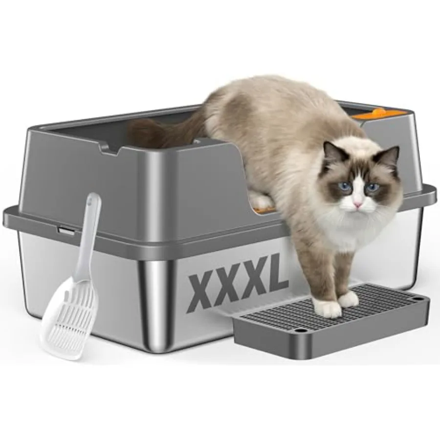 

XXXL Stainless Steel Cat Litter Box with Lid, Extra Large High-Sided Enclosed Box for Big Cats, Leak-Proof and Non-Stick, Easy