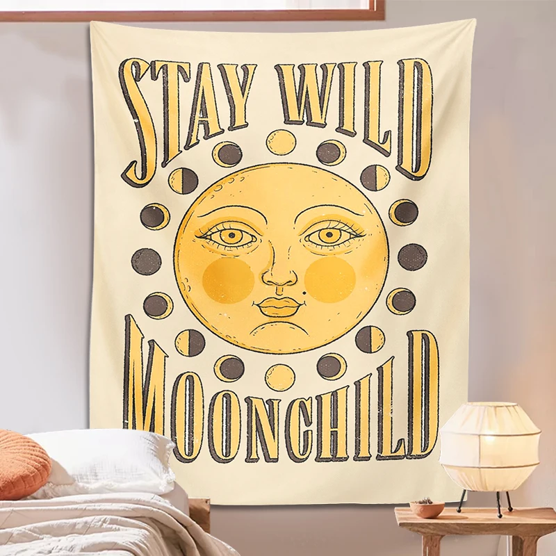 Moonchild Tapestry Moon Phase Wall Hanging stay wild Bohemian sun moon Divination Witchcraft Hippie Aesthetic Room Decor Mural