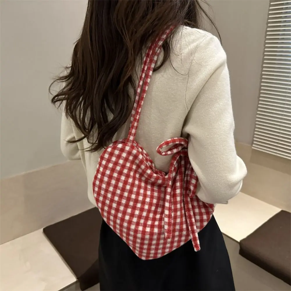 

Multipurpose Cloth Heart Shoulder Bag Grid Printed Red Plaid Tote Bag Large Capacity Lightweight Women's Handbag Student