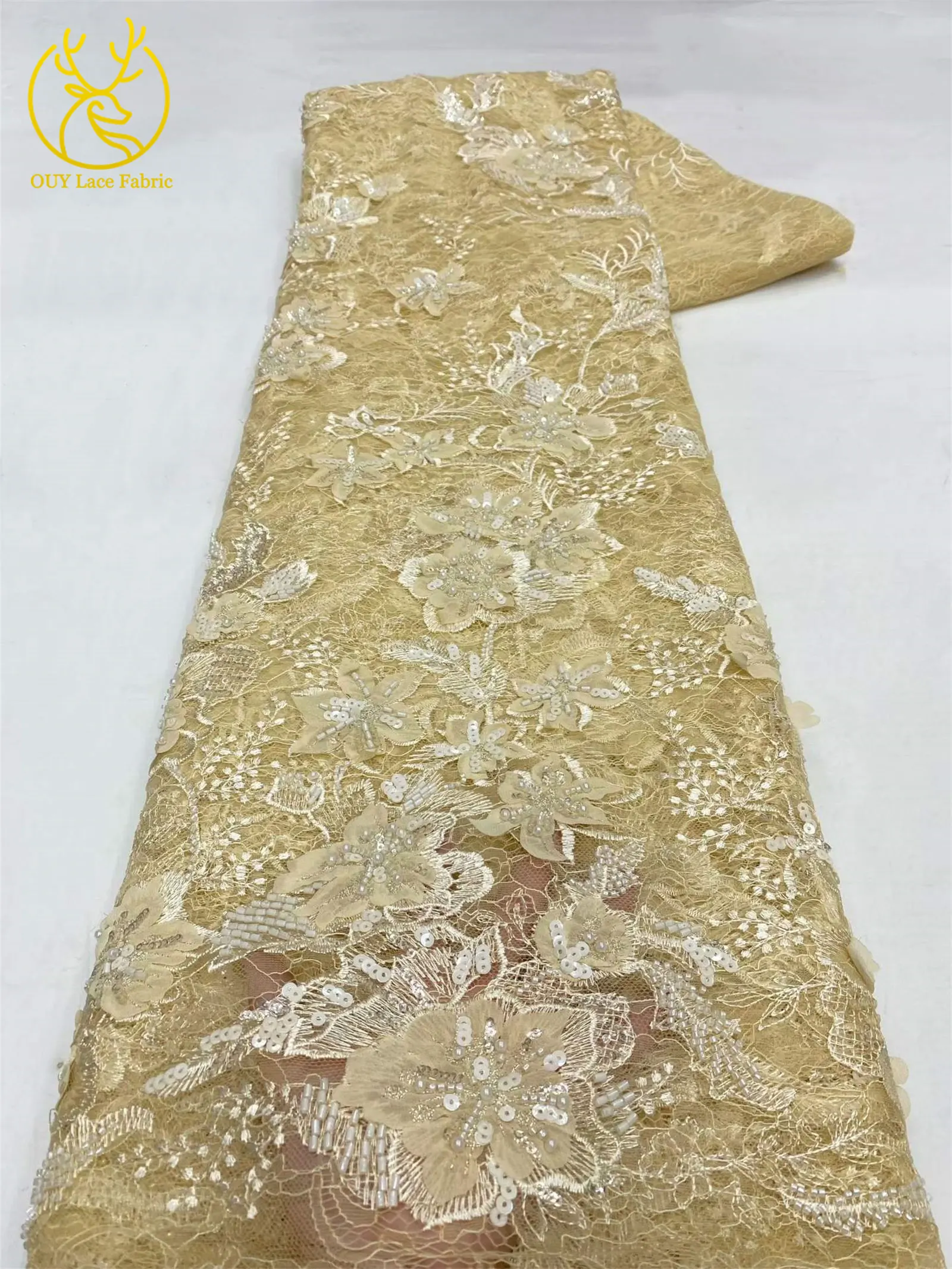 Neuer Stil Afrikanischer 3D-Stickerei-Perlen-Blumen-Spitzenstoff 2026 Französischer Pailletten-Spitzenstoff zum Nähen von Brautkleidern und Partykleidern – Detail 11