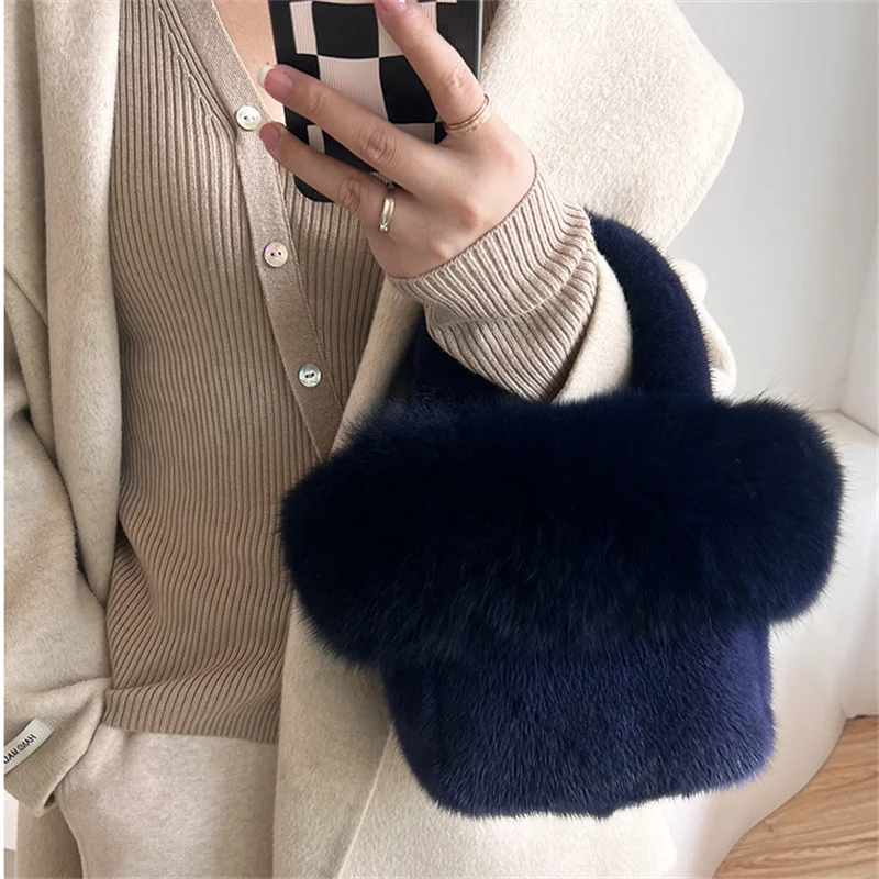 New Real Mink Fox Fur Women Handbags Female Multifunctional Large Capacity Basket Bags Fashion Wrist Bags For Ladies Phone Purse