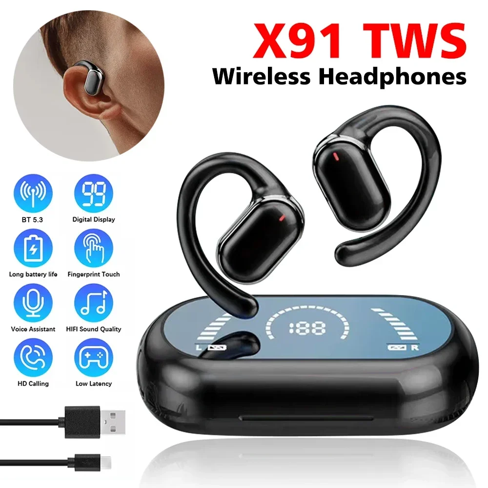 X91 OWS Earhook Earphones Bluetooth 5.3 Low Latency Gaming Sport Headset HiFi Stereo Noise Reduction Earbuds