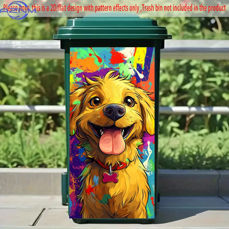 1pc 2D/FLAT, Self-Adhesive Dustbin Stickers, .01* cm, Featuring a Happy Golden Retriever with a Colorful Graffiti Background,