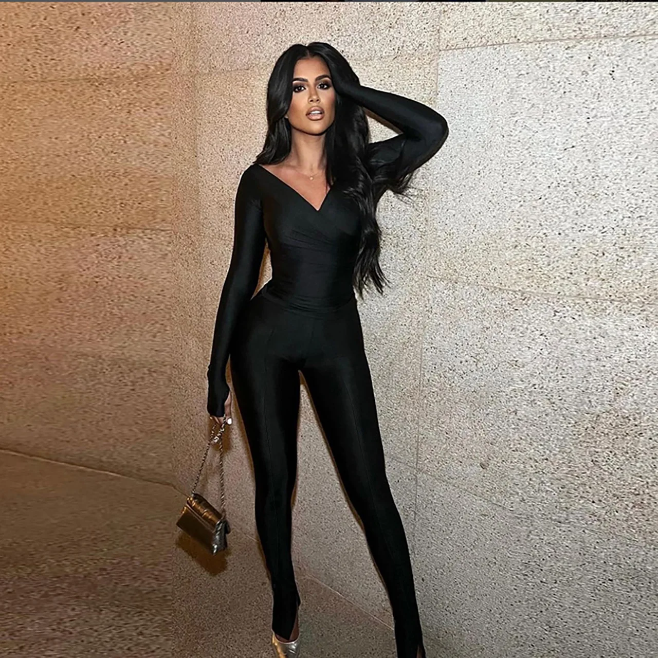 

Sexy Women's Suit Fall Long-Sleeved Off-The-Shoulder V-Neck Top And Slim-Fit Pantsuit Solid Color Ladies Two-Piece Set