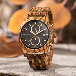 Men's Wooden Watch Stylish BOBO BIRD Chronograph Military Quartz Wrist Watch 2 Sub-dials Handmade Casual Light Luminous Watch