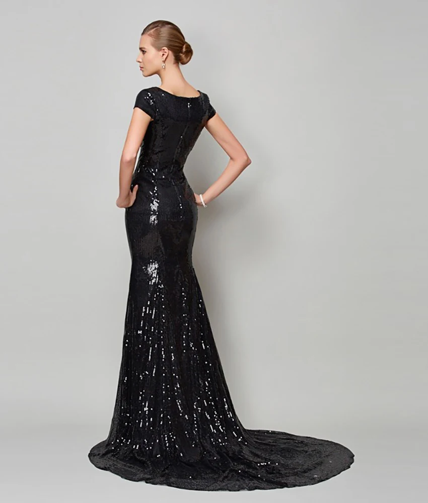 Vestido de noite sereia com lantejoulas de luxo personalizado, mangas curtas de alta qualidade, gola redonda, comprimento até o chão