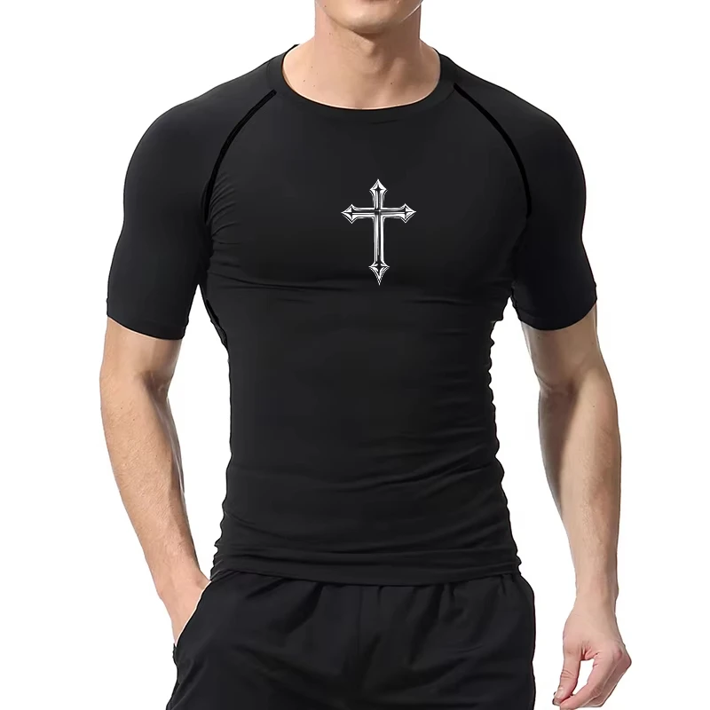 Cross Print Compression Shirt Men‘s Running T-Shirt Quick-Drying Fitness Sportswear Gym Sports Short Sleeve Training Shirts