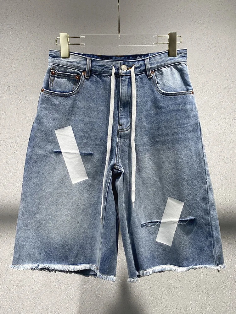 

Summer 2025 Blue Hole Denim Jeans Five-Point Casual Straight Leg Women's High Waist Wide Leg Pants Wear-Resistant Zipper Sle