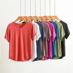 Summer women's T-Shirts V-Neck Large size Tshirt Short sleeves Solid color  Slim Fit Arc Design  Tee Tops XL to 8XL