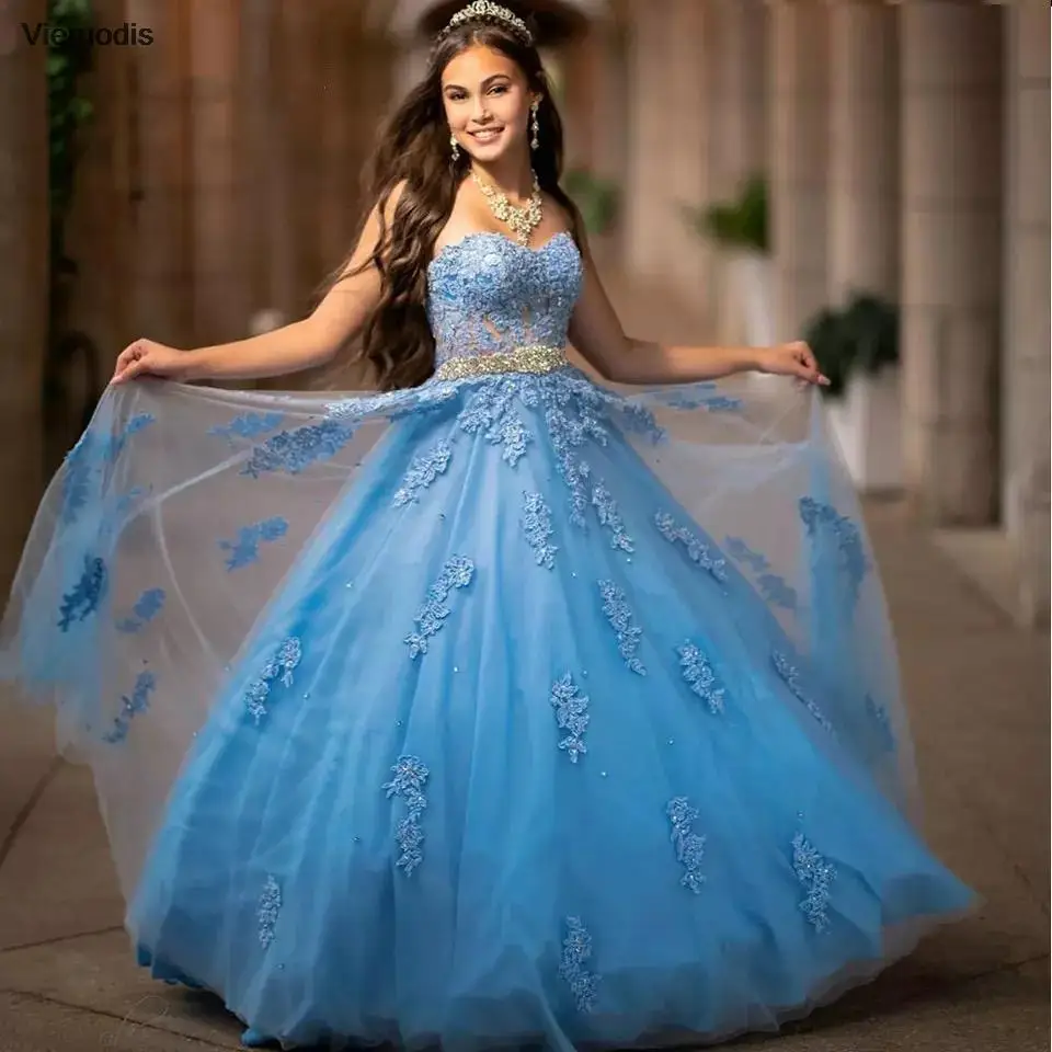 

Light Blue Quinceanera Dresses 2021 Princess Ball Gown Sweetheart Sleeveless Lace Appliques Sequined Party Prom Sweet 16 Dress