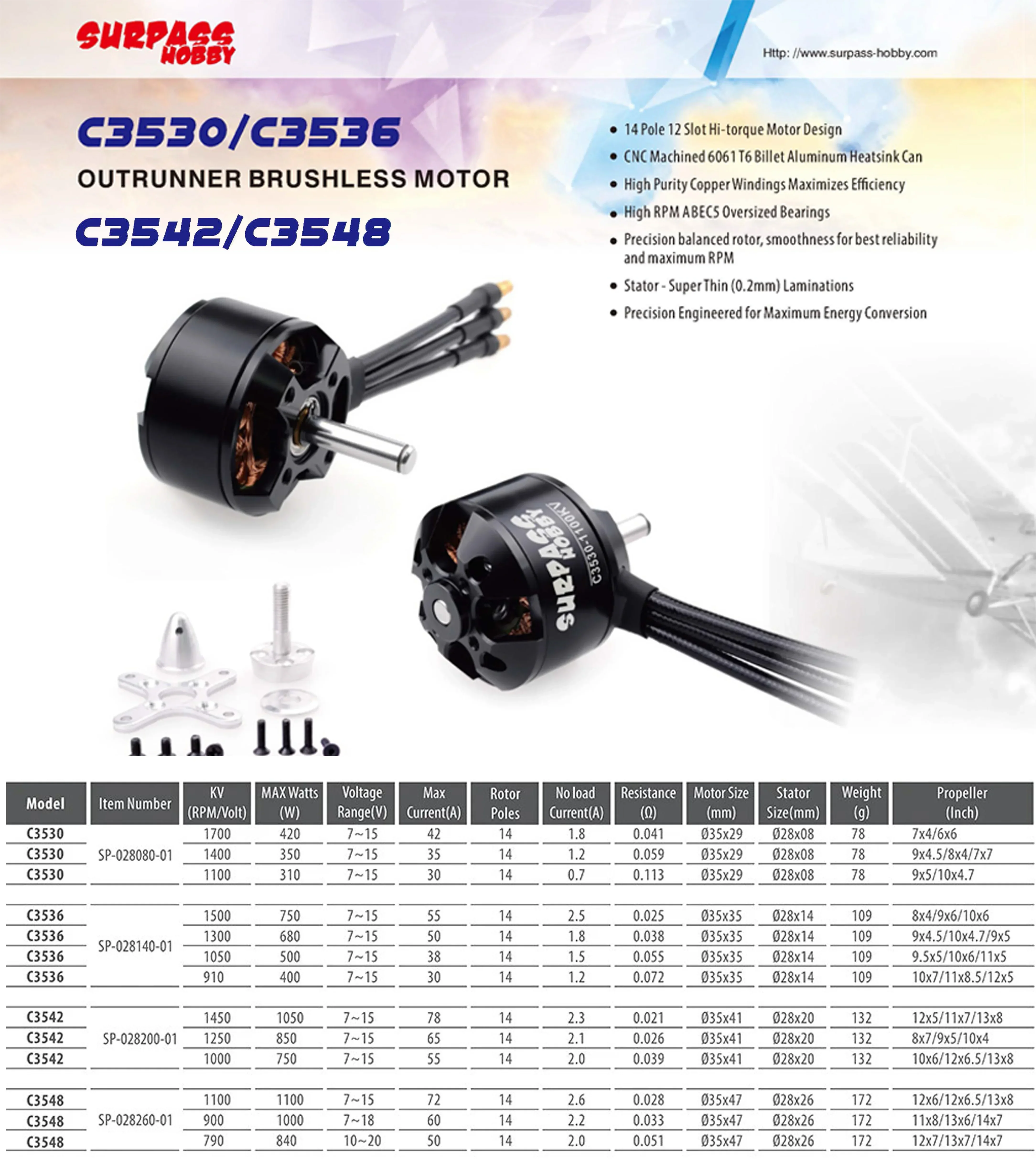 SURPASS HOBBY 3530 아웃러너 브러시리스 모터, RC FPV 고정익 비행기 드론 리모컨 부품, C3530, 1100KV, 1400KV, 1700KV