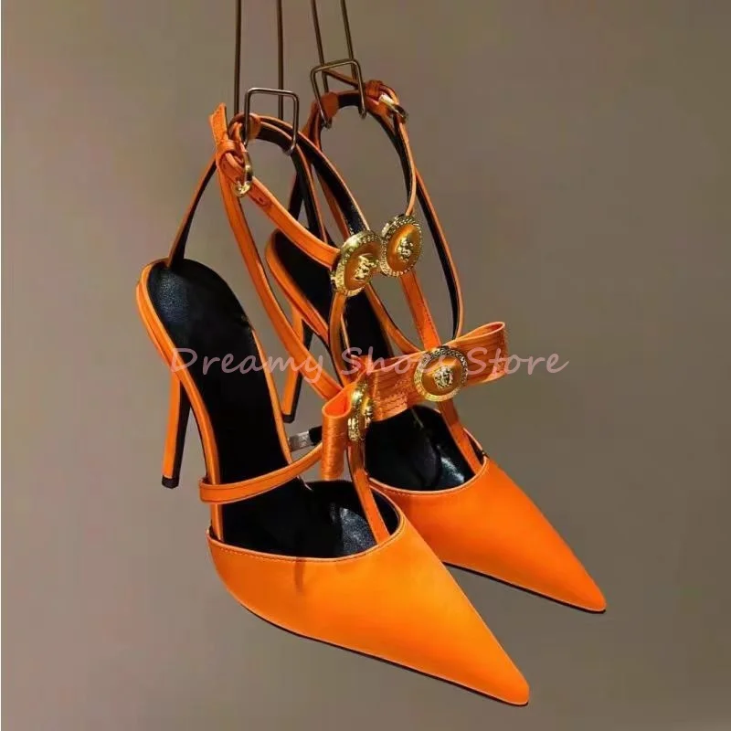 

Bow T-Tied Pointed Buckle Strap Stiletto Sandals Women Satin Metal Decor One Strap High Heels Elegant Fashion Wedding Party Shoe