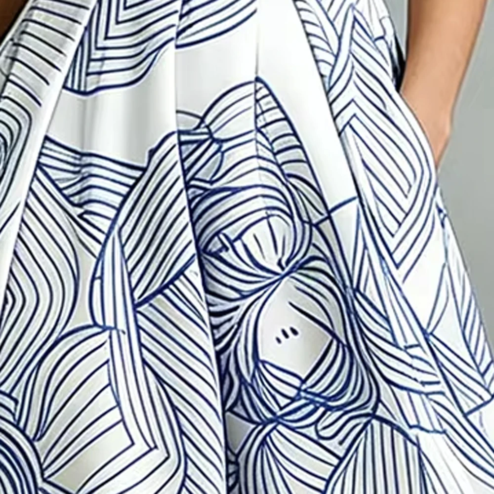 

Women's Elegant Maxi Dress Stand Collar Blue White Line Floral Print Short Sleeve Side Pocket Slim Summer Formal Evening Gown