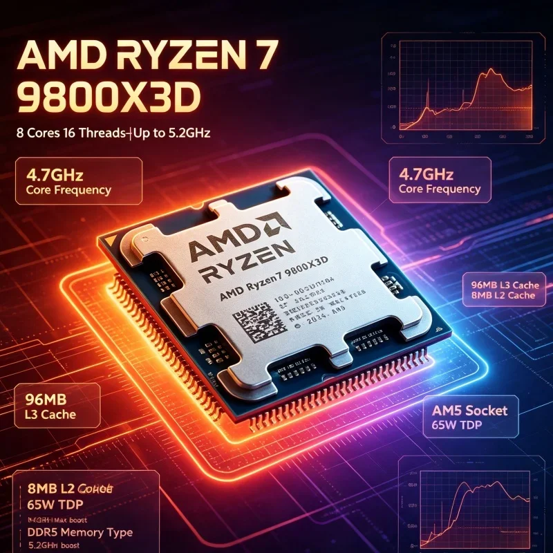 AMD Ryzen 7 9800X3D AM5 Desktop CPU 8-Core 16-Thread 4.7GHz Base Clock 5.2GHz Boost Clock 96MB L3 Cache DDR5 4nm 120W