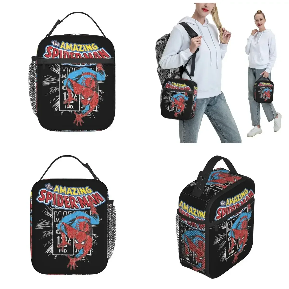 

Винтажные изолированные сумки для обеда Spider Dudes, большая вместимость, контейнер для еды «Человек-паук», термосумка, сумка-тоут, ланч-бокс, школьные путешествия для мужчин