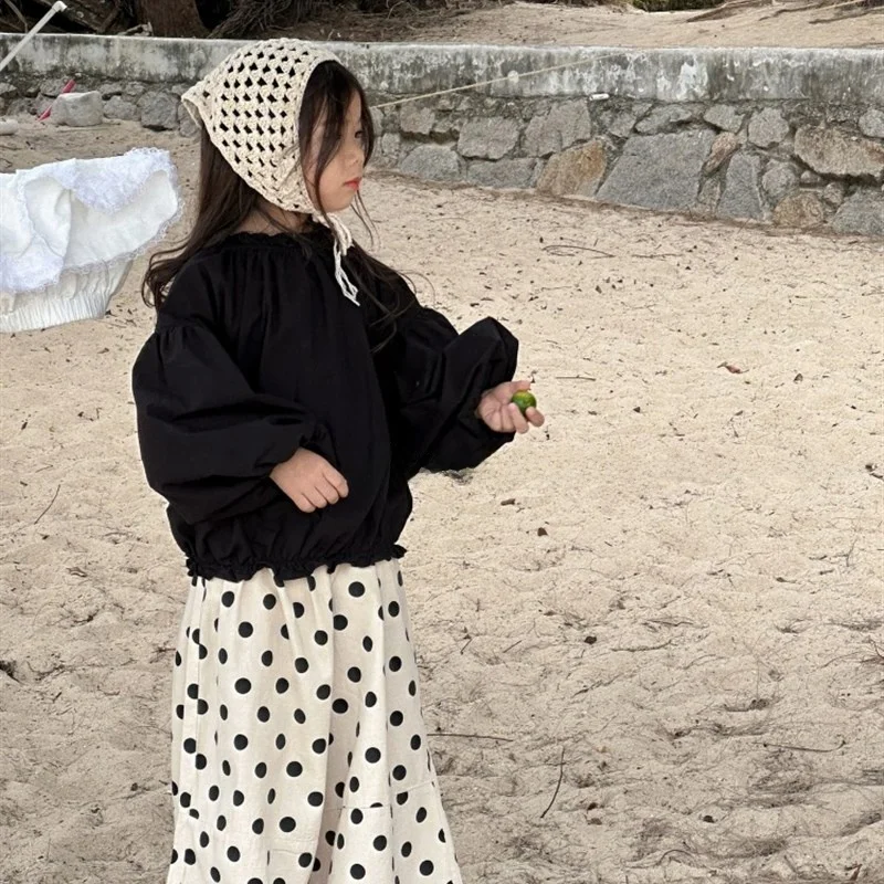 

Elegant Black Bubble Sleeve Shirt for Girls Spring 2024 Korean Design Children's Fashionable Shirt Graded Fabric Long Sleeve ...