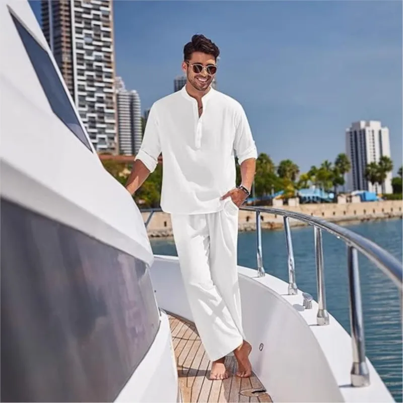 Summer New Men's Cotton Linen Shirt Set Vacation Men's Casual Henley Collar Long Sleeved Shirts + Beach Trousers 2-piece Set
