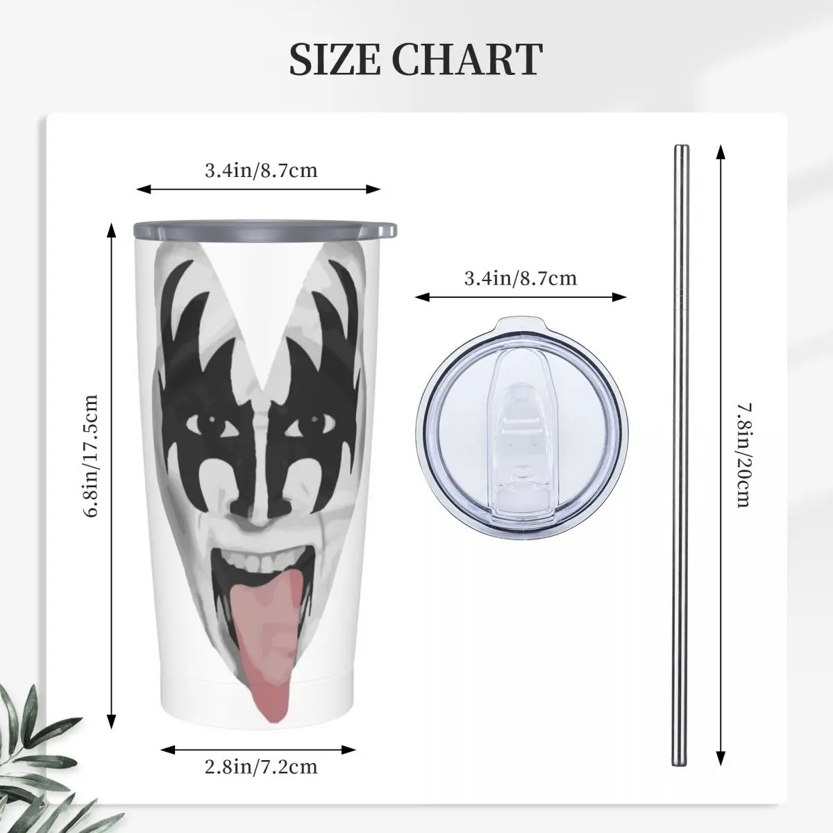 Kiss The Band Demon Face Heavy Metal Rock Tumbler With Straw Stainless Steel Mug Cups Vacuum Insulated 20oz