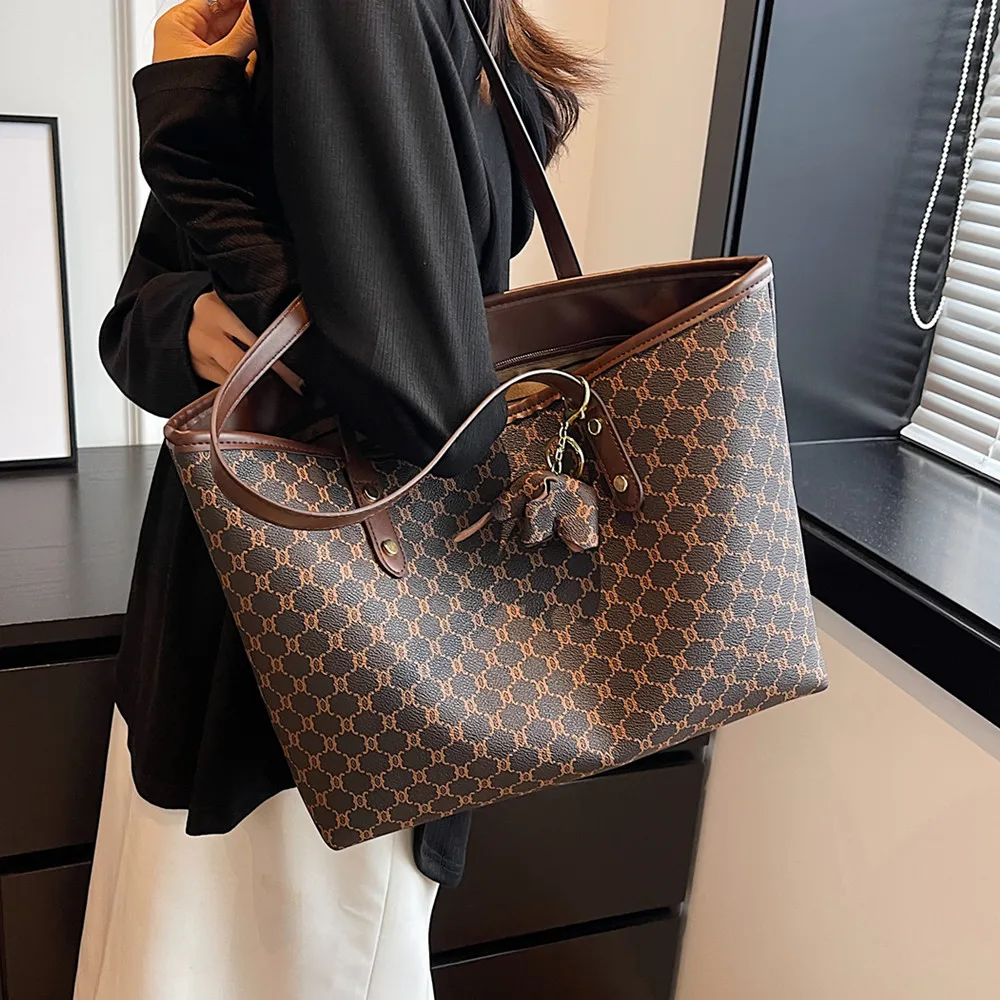 Burminsa Vintage Print Large Tote Bags For Women 2024 Trend Designer PU Leather Shopper Ladies Handbags Commuting Shoulder Bags