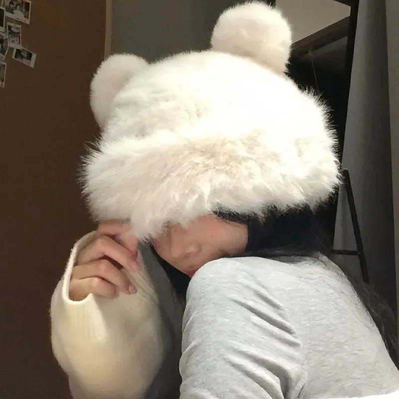 

Cute Plush Ear Fluffy Fur Bucket Hat Women Winter Thicken Ear Protection Snow Ski Mongolian Cap Windproof Imitation Mink Fur Hat