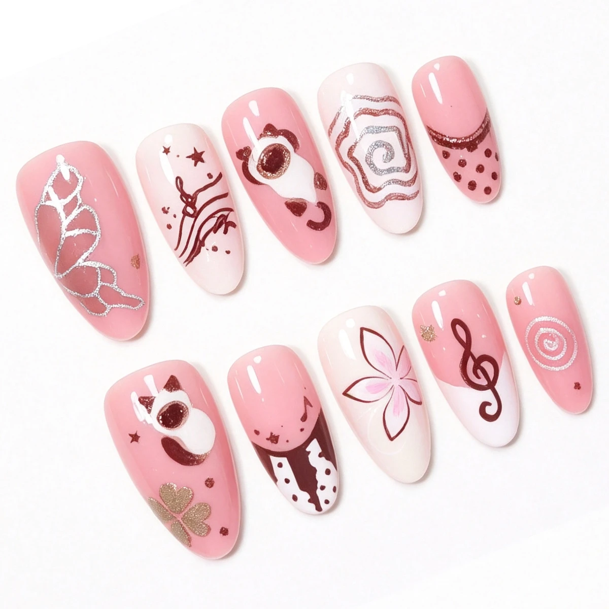 30 Stück Süße Rosa Mandel-Kunstnägel mit Cartoon-Katzen-, Musiknoten-, Polka-Dot- und Schmetterlingsmuster zum Aufkleben im französischen Stil für Maniküre-Kunst – Detail 4