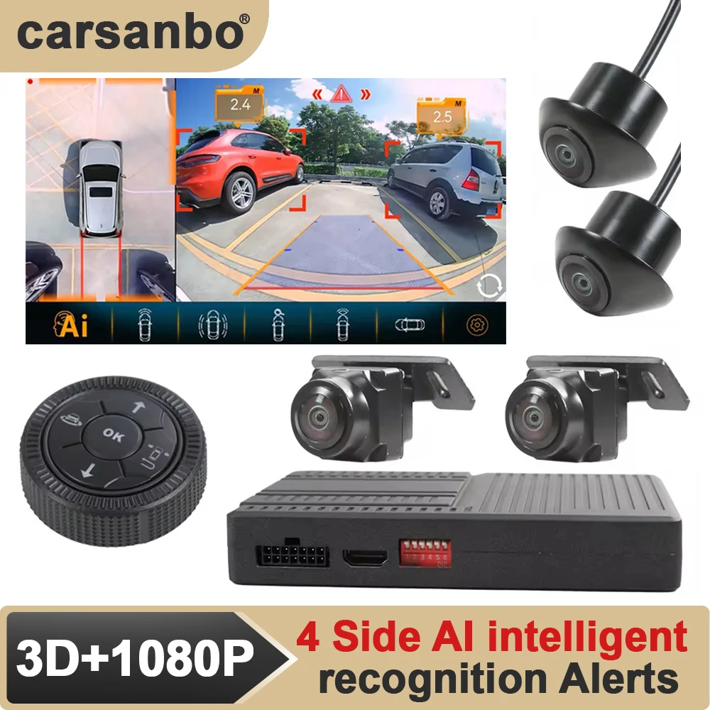 

Carsanbo 360 degree panoramic view HD 1080P AI Intelligent Object Recognition Reminder 3D Bird Eye View Car Camera System