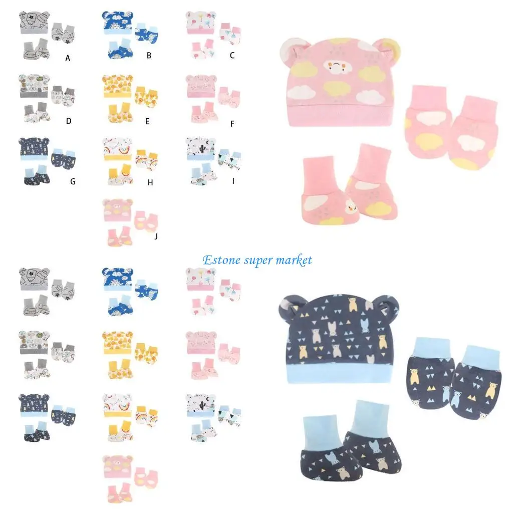 

090B 1 Set Baby Anti Scratching Gloves Ears Hat Foot Cover Set Soft Cotton Newborn No Scratch Mittens Socks Cap
