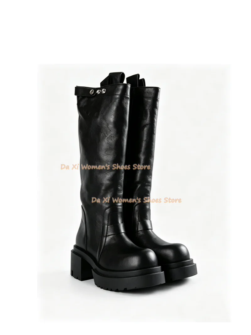 Black Over The Knee Boots Round Head Platform Buckle Retro Motorcycle Cycling Boots Punk Tall Combat Boots Winter Boots 2026