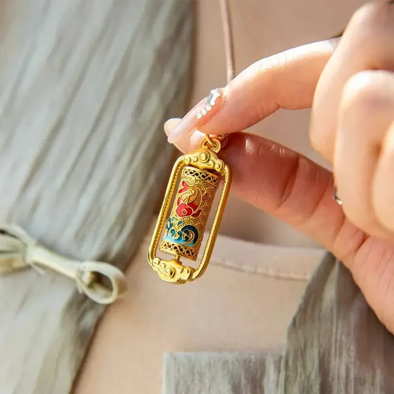 

YISON New Real Gold Rotating Carp Fortune Pendant Fish Jumping Gantry Transfer Drum Neck Enamel Necklace Palace Style Jewelry