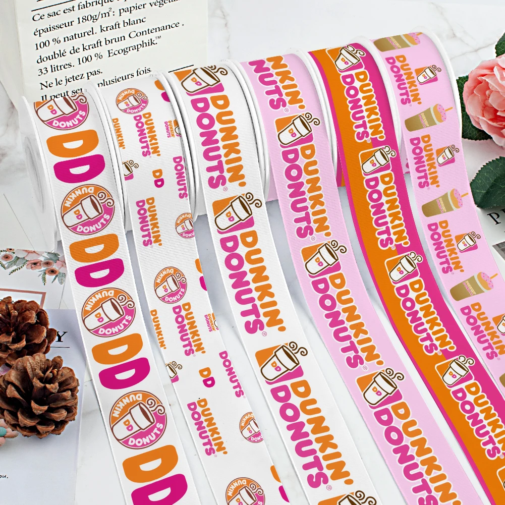 Cute Dunkin donuts Printed Grosgrain Satin Ribbon for Gift Wrapping Hair Bow Craft Accessory 50 Yards