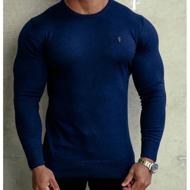 2024Men's New Foreign Trade Casual Autumn and Winter Knitting Embroidered Heavy Thickening Woolen Sweater Bottoming Shirt