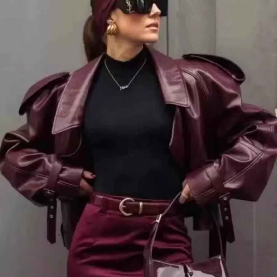 Spring New Women's Fashion Short Leather Jacket Motorcycle Style Shoulder Padding Walk Show Match All Outerwear Coat