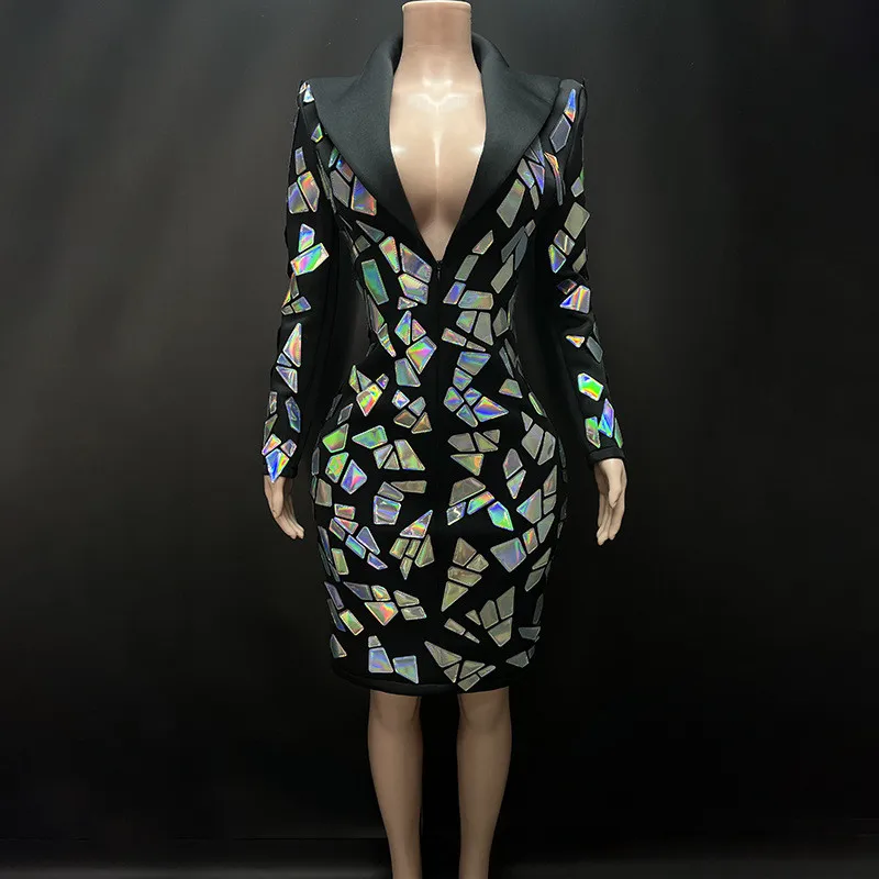 

Women Black Long Sleeve Notched Plexiglass Petal Embroidery Knee Length Bodycon Dress Elegant Celebrity Evening Club Party Dress