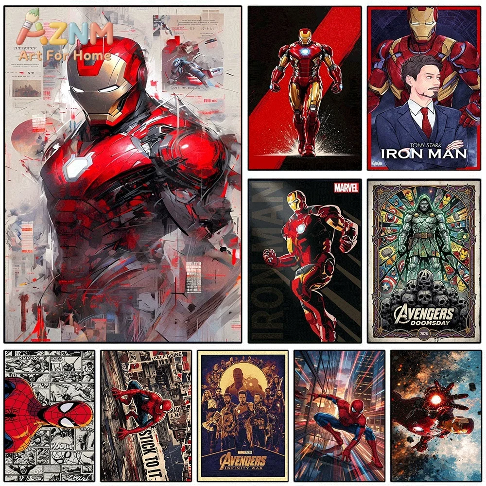 Iron Man Marvel Superhero Canvas Wall Art Avengers Spider‑Man Doomsday Retro Comic Unframed Canvas Print for Boys Bedroom Home