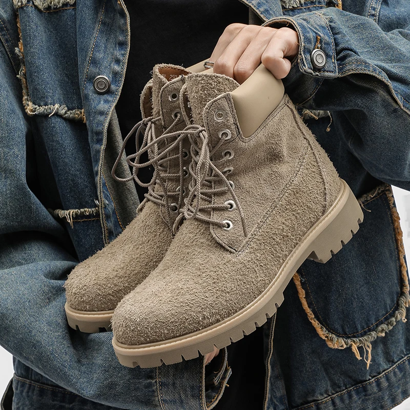 DIMANYU Men's Genuine Leather Suede Combat Boots Lace‑Up  Large Size Man Ankle Boots Vintage Anti‑Slip Platform Boots Men 
