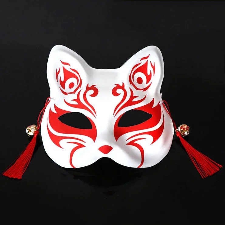 

1PCS Half Face Tribal Fire Fox Cat Spirit Green Rune Pattern Mask with Bell Natsume's Book of Friends Anime Cosplay Costume Prop