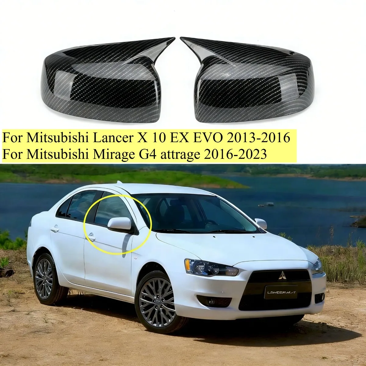 2X Carbon Look Ox Horn Rearview Mirror Cover For Mirage G4 attrage16-23 For Mitsubishi Lancer X 10 EX EVO 13-16 Mirror Cover Cap