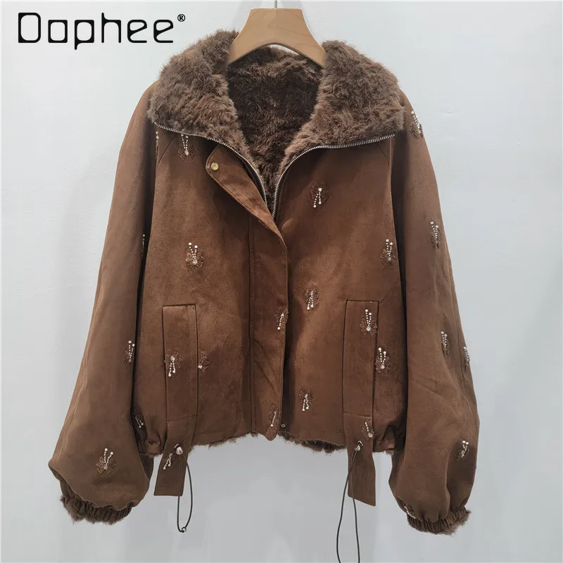 

Короткое пальто из овечьей шерсти с лацканами и блестками, короткое пальто с принтом для женщин, зима 2025, новое корейское уличное двустороннее свободное теплое толстое пальто