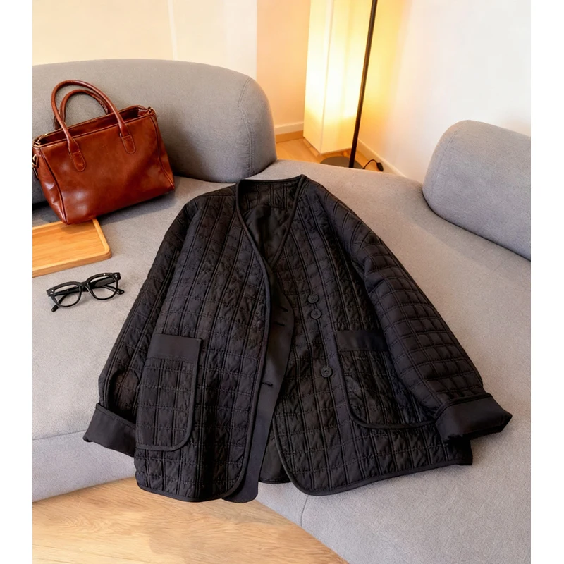 

Trendy Korean Sle Women's Outerwear Loose Warmth Bla Diamond Pattern Cotton Coat Long Sve Cardigan for Autumn Winter